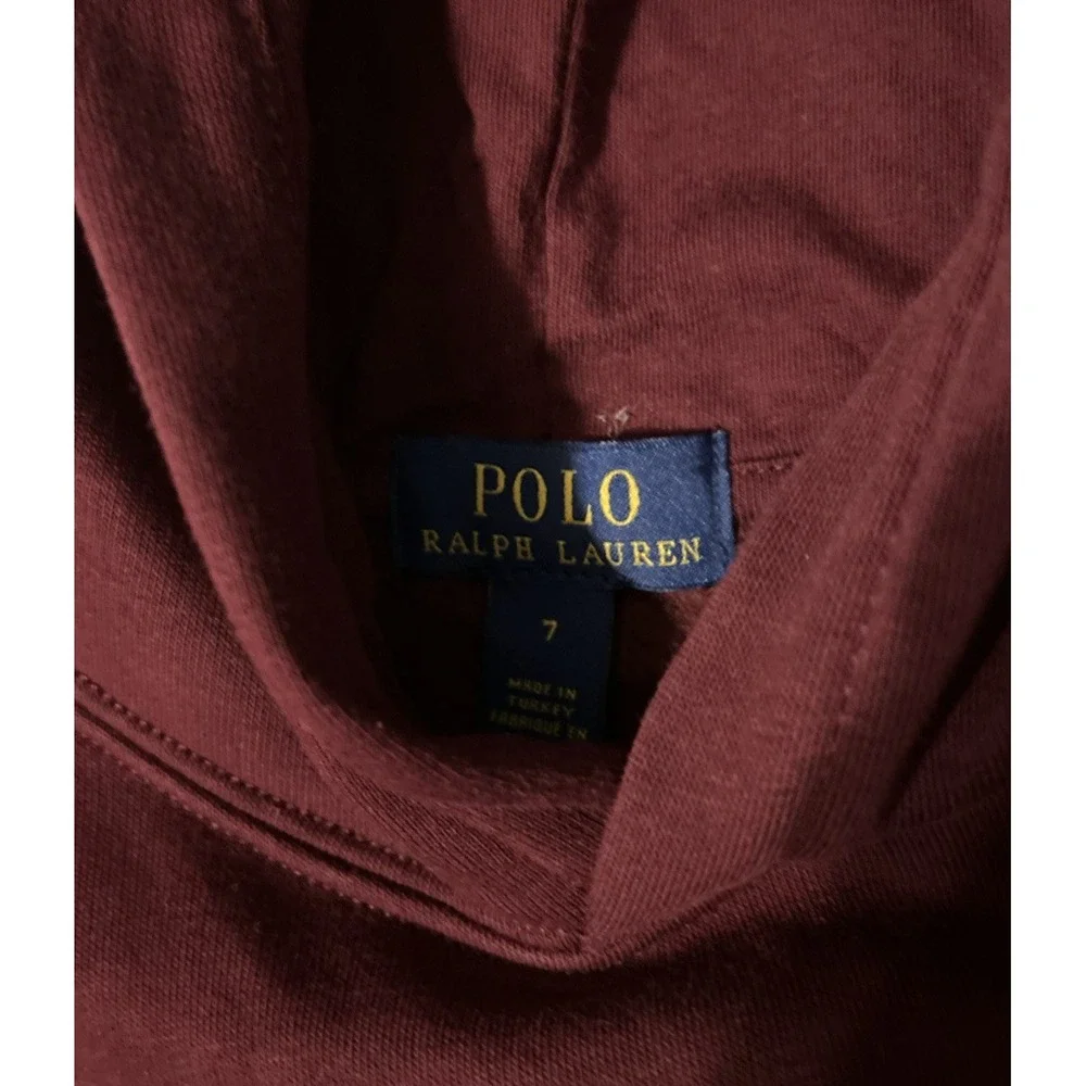Polo Ralph Lauren Hoodie Kids 7 Burgundy Fleece Pullover Polo Bear Sweatshirt